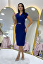 Women's Navy Blue Short Sleeve Midi Pencil Dress with Stone Detail - 3