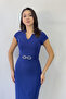 Women's Navy Blue Short Sleeve Midi Pencil Dress with Stone Detail - 6