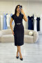 Women's Black Short Sleeve Midi Stone Detailed Pencil Dress - 4