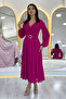 Fuchsia Double-Breasted Belted Midi Length Chiffon Dress - 5