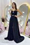 Women's Black Stone Bronch Detail Strapless Chiffon Slit Evening Dress - 2