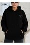 Women's Oversize Hoodie Black – Birdline Minimal Bird Detail, Relax Fit - 3