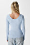Women's Heat Lux Touch U Neck Blue Long Sleeve Soft Blouse - 5