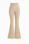 Beige Ribbed Asymmetrical One Shoulder Spanish Sleeve Blouse & High Waist Wide Leg Pants Set - 4