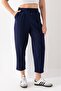 Women's Navy Blue Elastic Waist Modal Fabric Striped Ankle Pants Soft Textured Stylish Lace-Up Trousers - 3