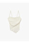 Asymmetrical Cut Thin Strap Blouse with Gipeli Detail on the Back and Bow Detail