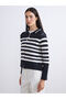Lcw Modest Navy Blue Polo Neck Striped Lace-Like Knit Women's Knitwear Cardigan