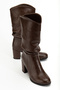 Women's Thick Heel Round Toe Drawstring Below-Knee Boots Tina Brown Skin - 4