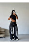 Black Unisex Baggy Cotton Wide Leg Distressed Double Knee Patch Ripped Street Style Jean Yrtk