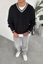 Black V-Neck Striped Oversize Knit Sweater - 3