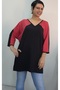 Black V-Neck Red Color-Blocked Bat Three-Quarter Sleeve Combed Viscose T-Shirt - 5
