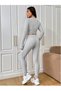 Lena Women's V-Neck Ribbed Cropped Camisole Blouse Lycra Long Sleeve Top High Waist Leggings Set - 2