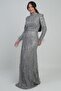 Women's Long Dress with Feather Sleeves, Beaded and Sequined Lining, Tulle - 2