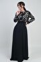 Women's Floral Belt Detailed Sequin Lined Chiffon Long Dress - 3