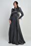 Women's Draped Front Flounce Detailed Lined Sleeves Feathered Griter Chiffon Long Flared Dress - 2