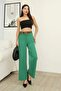 Accessory and belt detailed palazzo fabric pants 6115-green - 2