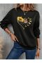3 Thread Sunflower Butterflies Sweatshirt - Black Printed Oversize Crew Neck
