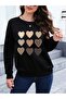 Multiple Hearts Design Sweatshirt - Black Printed Oversize Raised Crew Neck - 2