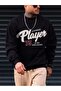 Player 75 Sweatshirt - Black Printed Oversize Ribbed Crew Neck