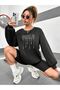 Girls Written Sweatshirt - Black Printed Oversize Ribbed Crew Neck - 3