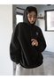 Skateboard Cardigan - Black Printed Winter Oversize Hooded Cardigan with Zipper Pocket Detail - 3