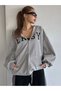 Easy Printed Cardigan - Gray Printed Winter Oversize Hooded Zipper Pocket Detailed Cardigan - 5