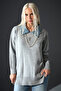 Women's Pearl Embroidered Denim Collar Detailed Gray Sweater” - 2