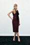 Sleeveless Tweed Dress with Scarf - Burgundy - 4