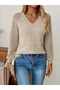 Women's Mink Knitwear Sweater V-Neck Lace-Like Knit Patterned Stylish Long Sleeve - 3