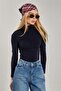 Women's Stand Collar Gathered Front Blouse - Navy Blue