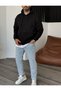 Men's Black Plain Hooded Oversize 3-Thread Fleece Loose Fit Hoodie Sweatshirt - 3