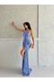 Baby Blue Strapless Waist Detail Sequin Evening Dress - 3
