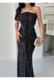 Black Strapless Waist-Detail Sequin Evening Dress - 5