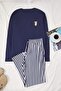 Lacivert Regular Çizgili Couple/Çift Örme Pijama Takımı TMNAW25PT00049