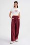 4682 Women's Elastic Waist Jogger Loose Linen Trousers Burgundy - 2