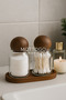 Set of 2 Glass Cotton Containers with Wooden Lids Wooden Medium Size Stand - 2
