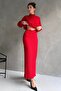 Women's Half High Collar Bat Sleeve Blouse and Slit Long Skirt Textured Top and Bottom Set Red - 2