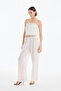 Seersucker Fabric Wide Leg Trousers Ecru - 3
