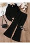 Girl's Black Corduroy Knitted Fabric Hooded Sweatshirt-Spanish Leg Trousers Set - 3