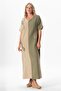 Half Sleeve V-Neck Leaf Printed Long Muslin Summer Dress Mink/Khaki Vzn/Hk