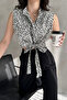 Women's High Collar Buttoned Floral Patterned Sleeveless Tie Detailed Crop Shirt Blouse Black - 2