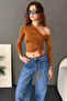 Women's One-Shoulder Open Gathered Detailed Long Sleeve Crop Blouse Cinnamon - 6