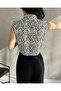 Women's High Collar Buttoned Floral Patterned Sleeveless Tie Detailed Crop Shirt Blouse Black - 5