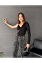 Women's One Sleeve Tulle Detailed V-Neck Bodysuit Blouse Black - 2