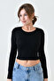 Women's Lycra Fabric Crop Cut Long Sleeve Crew Neck Black Crop Blouse 12973 - 6