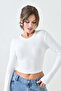 Women's Lycra Fabric Crop Cut Long Sleeve Crew Neck White Crop Blouse 12973 - 6