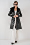 Women's Fur Collar Leather Coat 1048 - Black - 2