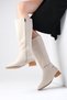 Briony Beige Color Suede Side Zipper, Thin Faux Fur Lined Blunt Toe Women's Heeled Boots - 4