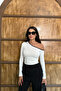 White – Women's One-Shoulder Detailed Long-Sleeve Blouse Bodysuit - 4