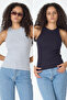 Ribbed Regular Fit Normal Fit Black-White Crew Neck Zero Sleeve Cotton 2-Piece Women's Tank Top